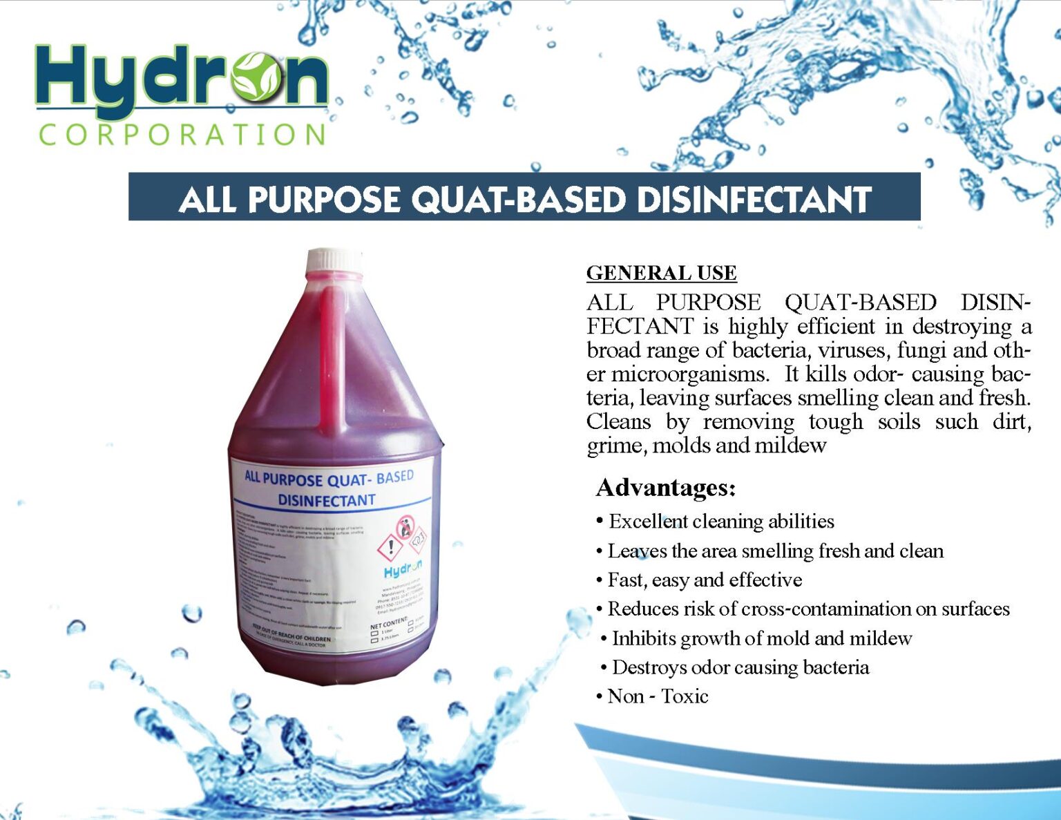 ALL PURPOSE QUATBASED DISINFECTANT 1 Gallon Hydron Corporation