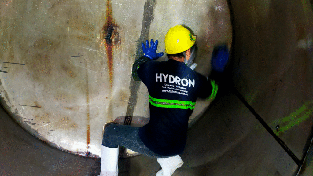 Water tank cleaning, disinfection and passivation at powerplants